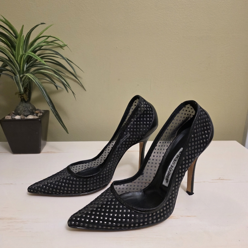 Manolo Blahnik Black Mesh Pointed-Toe Stiletto Heels